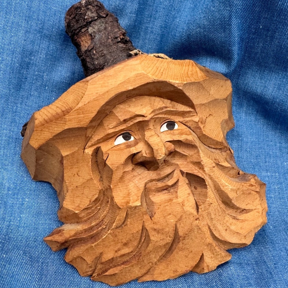 Vintage Hand Carved Wood Branch Tree Spirit Folk Art Beaded Man with Top Hat